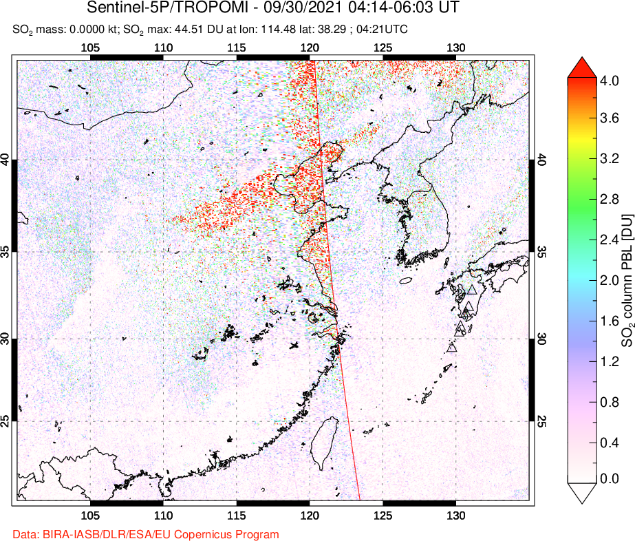 A sulfur dioxide image over Eastern China on Sep 30, 2021.