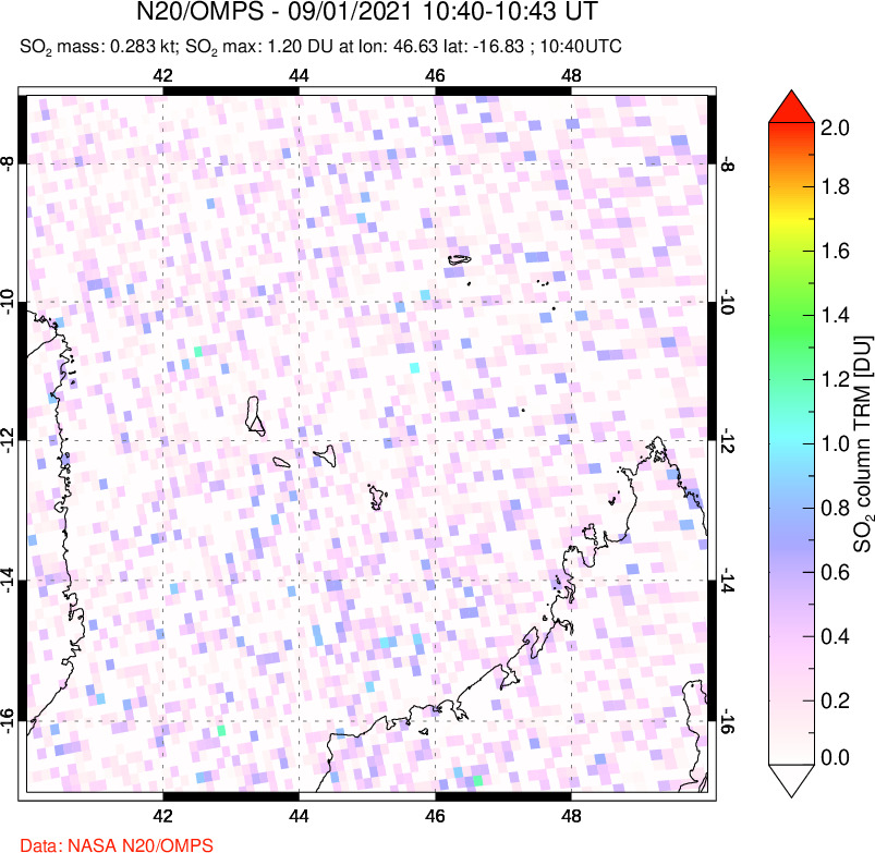 A sulfur dioxide image over Comoro Islands on Sep 01, 2021.