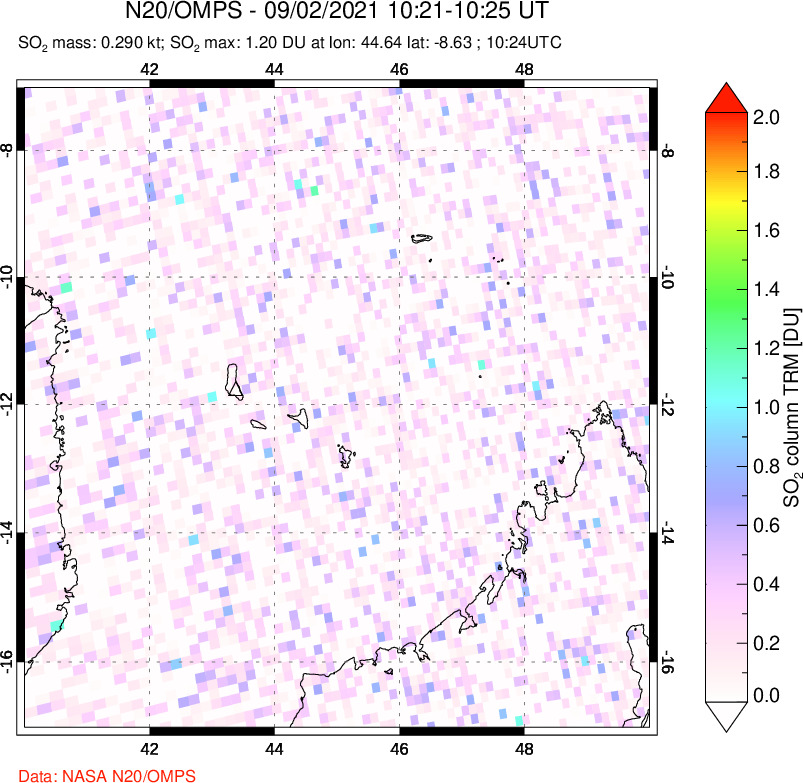 A sulfur dioxide image over Comoro Islands on Sep 02, 2021.