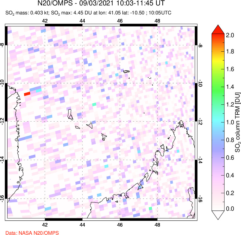 A sulfur dioxide image over Comoro Islands on Sep 03, 2021.