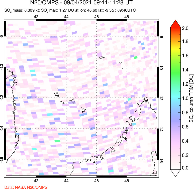 A sulfur dioxide image over Comoro Islands on Sep 04, 2021.