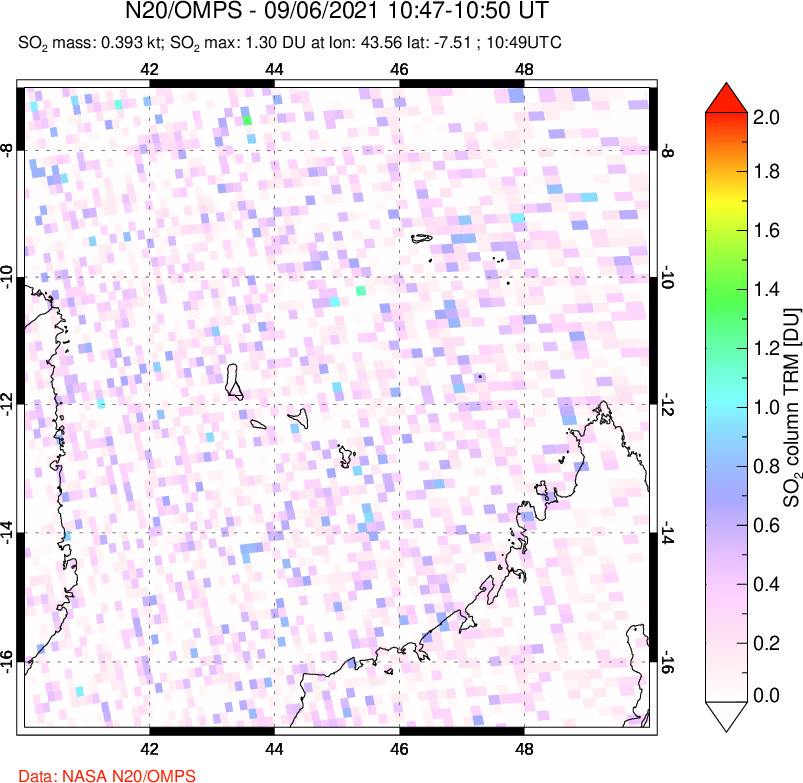 A sulfur dioxide image over Comoro Islands on Sep 06, 2021.