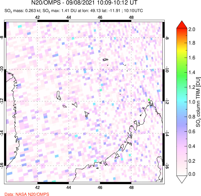 A sulfur dioxide image over Comoro Islands on Sep 08, 2021.