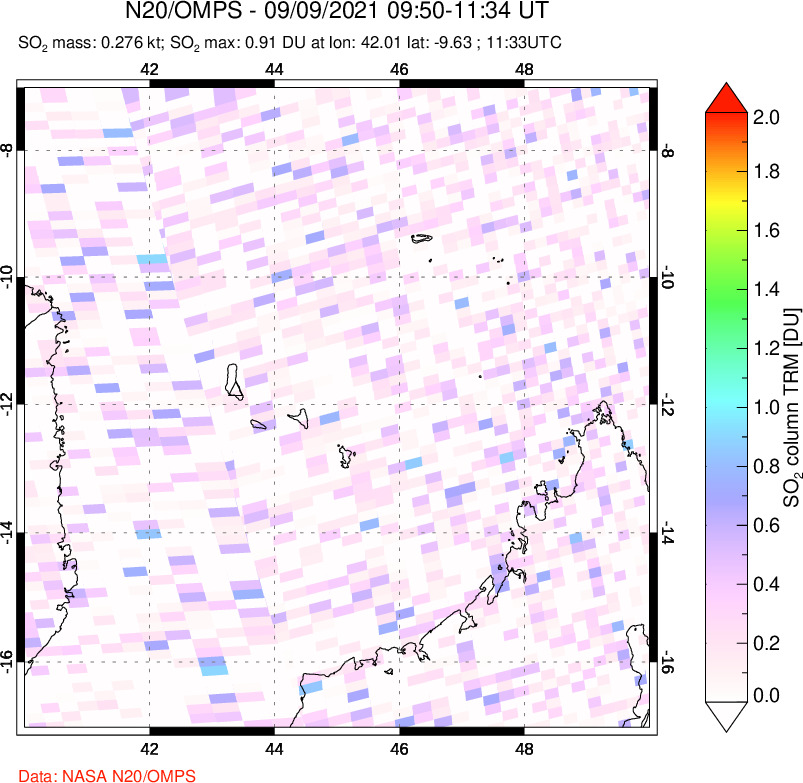 A sulfur dioxide image over Comoro Islands on Sep 09, 2021.