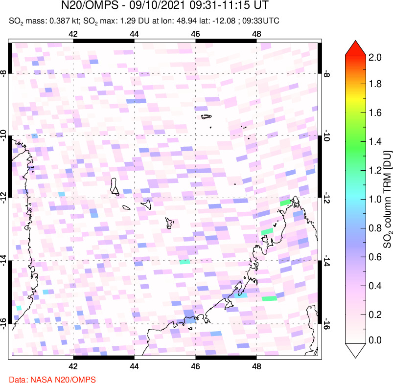 A sulfur dioxide image over Comoro Islands on Sep 10, 2021.
