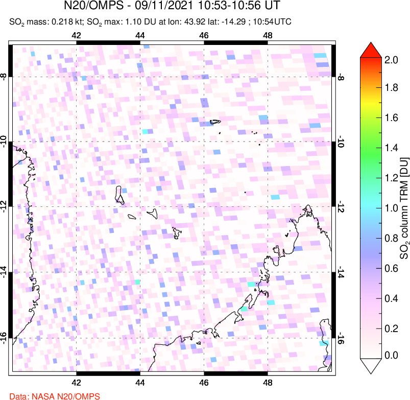 A sulfur dioxide image over Comoro Islands on Sep 11, 2021.