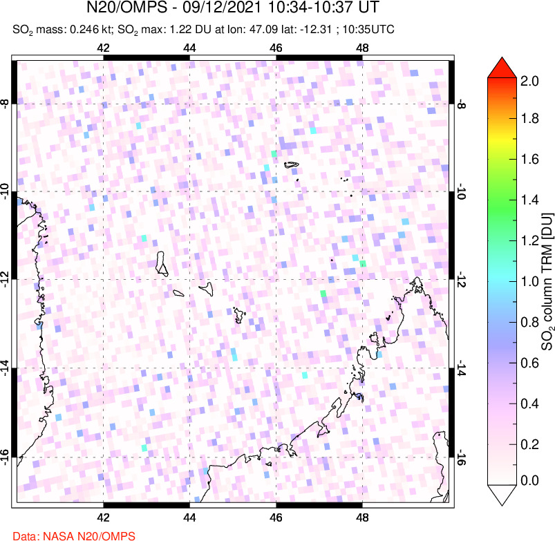 A sulfur dioxide image over Comoro Islands on Sep 12, 2021.
