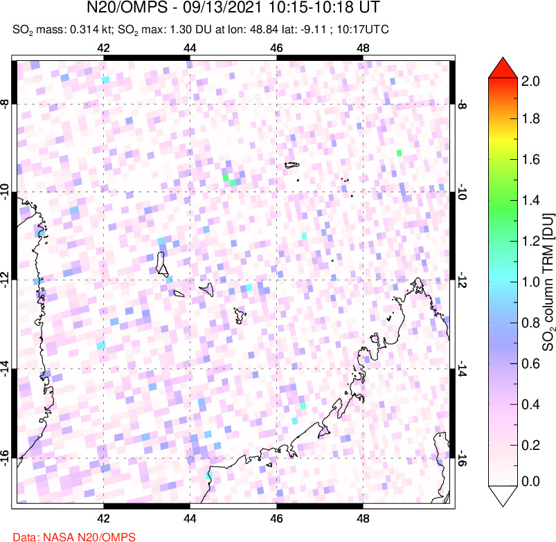 A sulfur dioxide image over Comoro Islands on Sep 13, 2021.