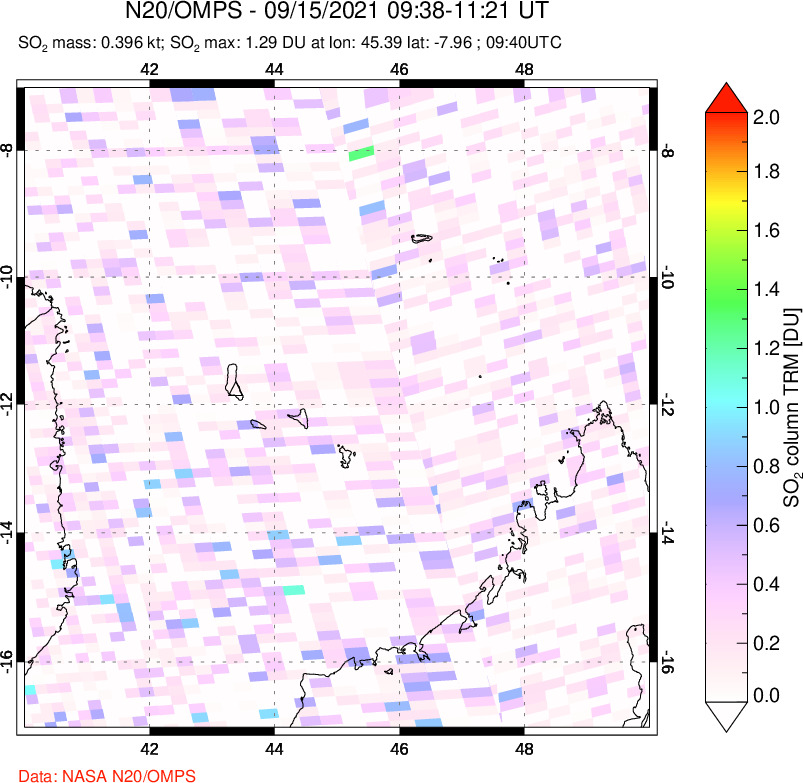 A sulfur dioxide image over Comoro Islands on Sep 15, 2021.
