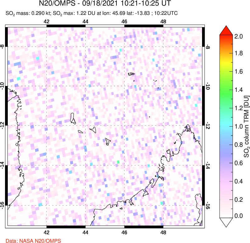 A sulfur dioxide image over Comoro Islands on Sep 18, 2021.