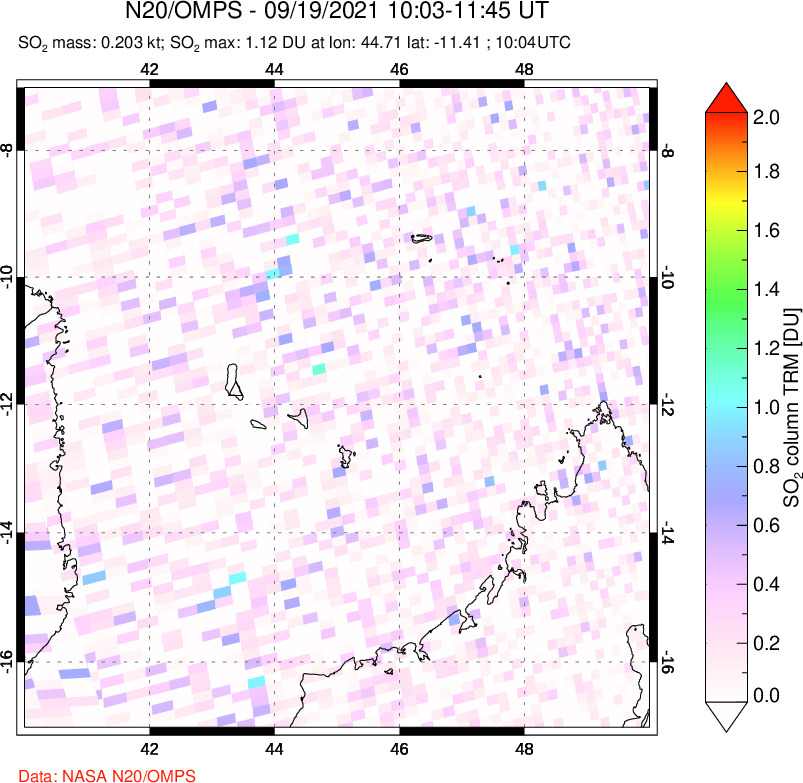 A sulfur dioxide image over Comoro Islands on Sep 19, 2021.