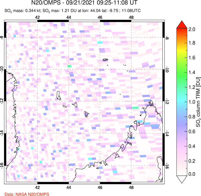 A sulfur dioxide image over Comoro Islands on Sep 21, 2021.