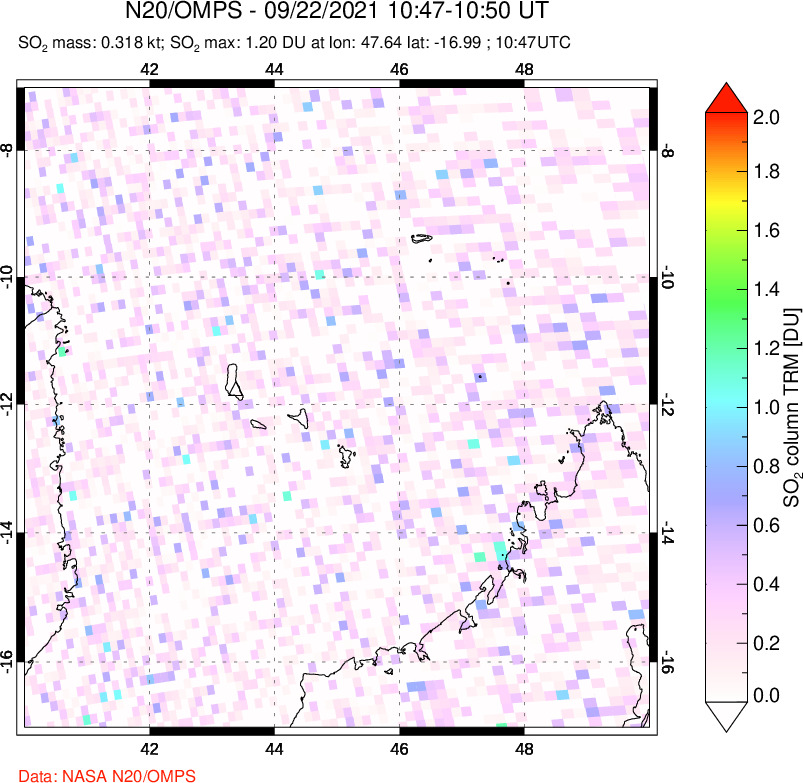 A sulfur dioxide image over Comoro Islands on Sep 22, 2021.