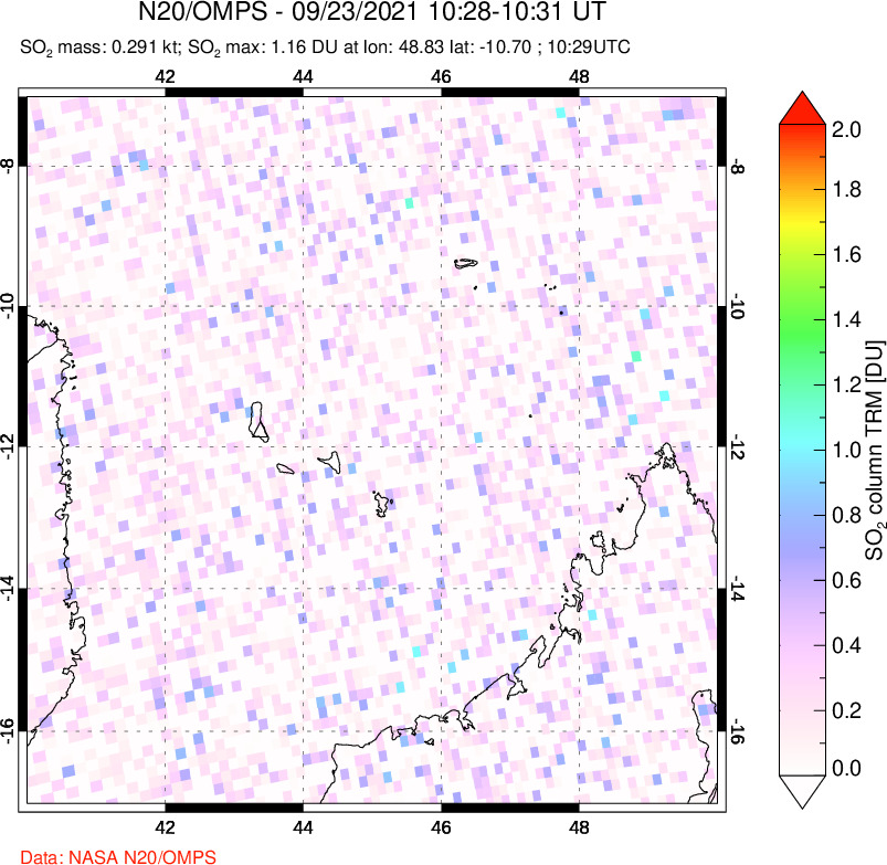 A sulfur dioxide image over Comoro Islands on Sep 23, 2021.