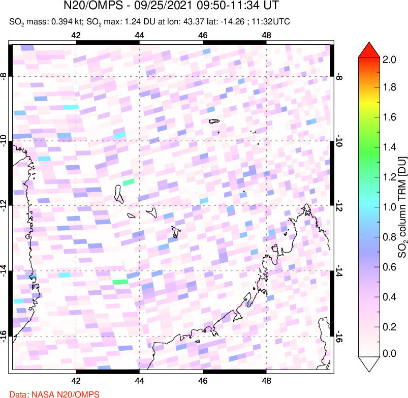 A sulfur dioxide image over Comoro Islands on Sep 25, 2021.