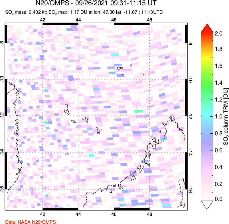 A sulfur dioxide image over Comoro Islands on Sep 26, 2021.
