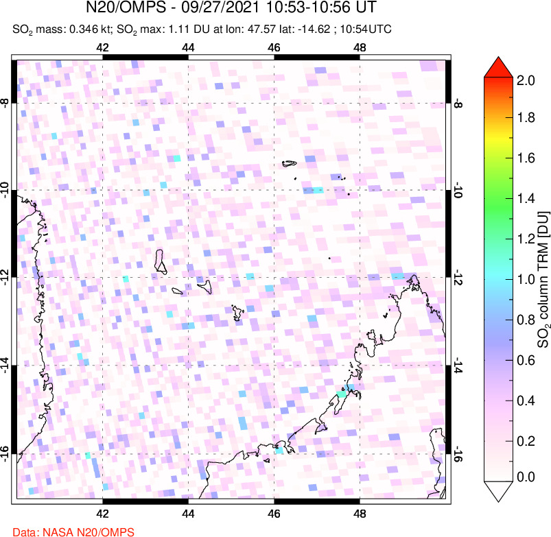 A sulfur dioxide image over Comoro Islands on Sep 27, 2021.