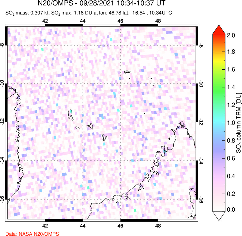 A sulfur dioxide image over Comoro Islands on Sep 28, 2021.