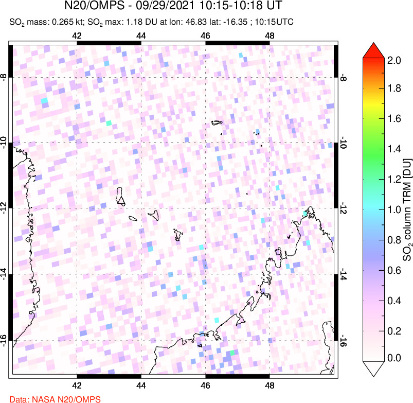 A sulfur dioxide image over Comoro Islands on Sep 29, 2021.