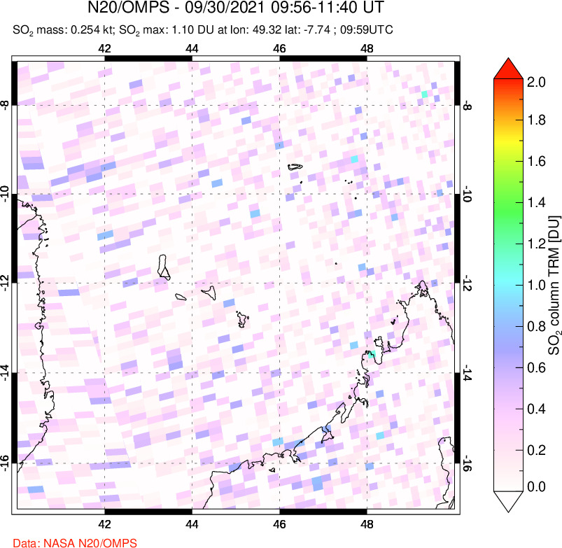 A sulfur dioxide image over Comoro Islands on Sep 30, 2021.
