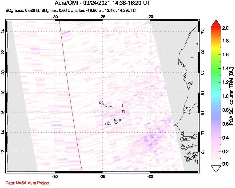 A sulfur dioxide image over Cape Verde Islands on Sep 24, 2021.