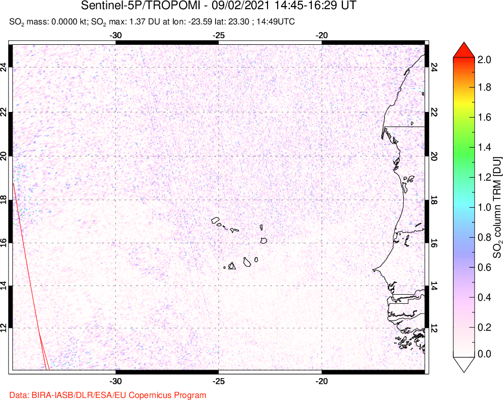 A sulfur dioxide image over Cape Verde Islands on Sep 02, 2021.