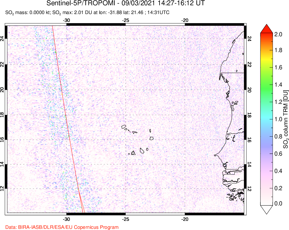A sulfur dioxide image over Cape Verde Islands on Sep 03, 2021.