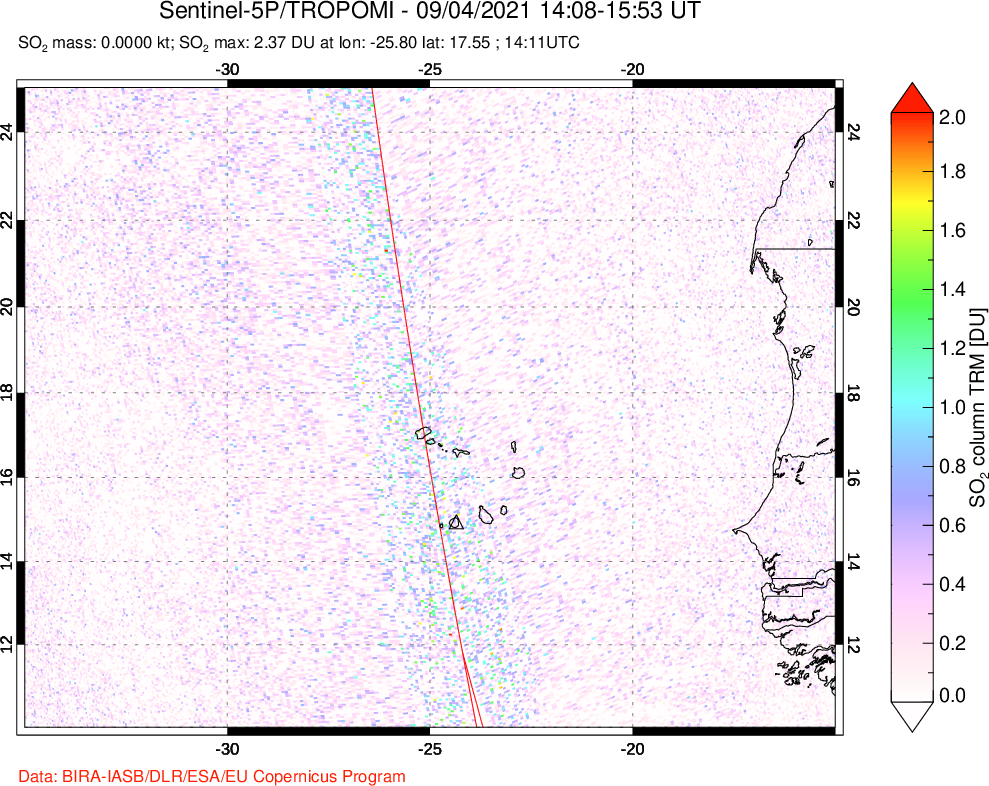 A sulfur dioxide image over Cape Verde Islands on Sep 04, 2021.
