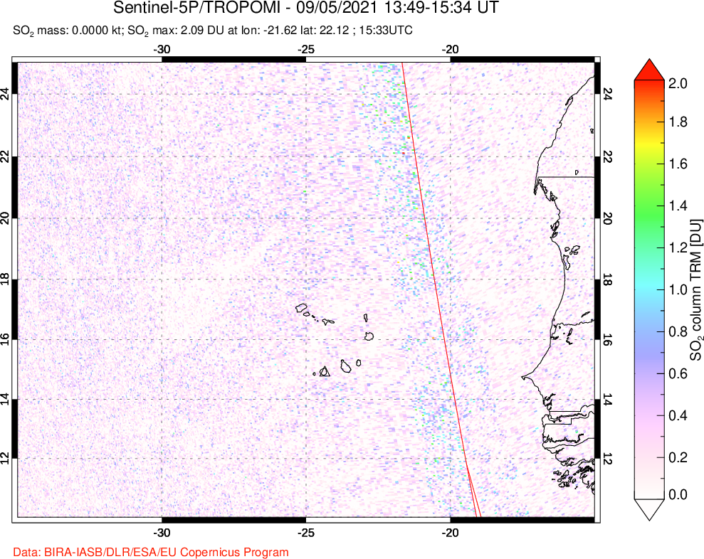 A sulfur dioxide image over Cape Verde Islands on Sep 05, 2021.