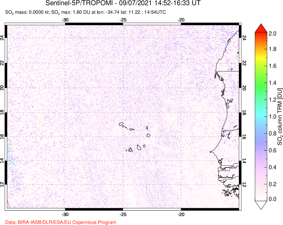 A sulfur dioxide image over Cape Verde Islands on Sep 07, 2021.