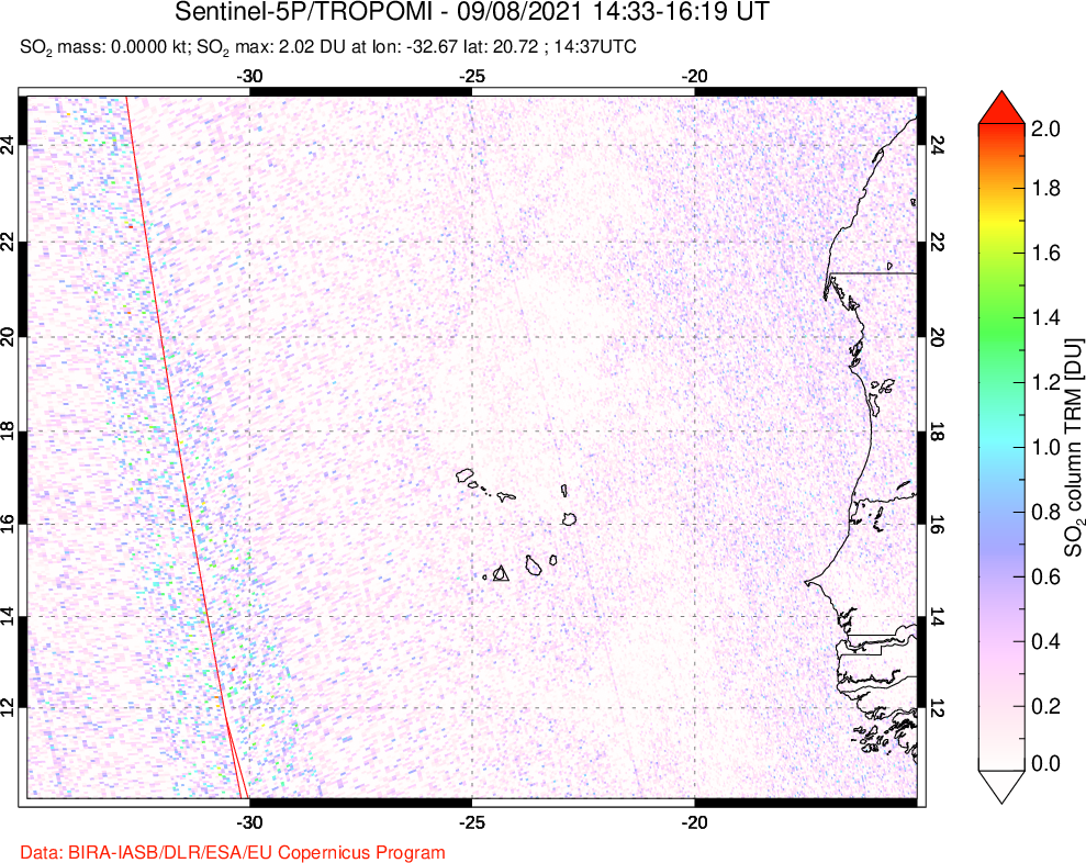 A sulfur dioxide image over Cape Verde Islands on Sep 08, 2021.