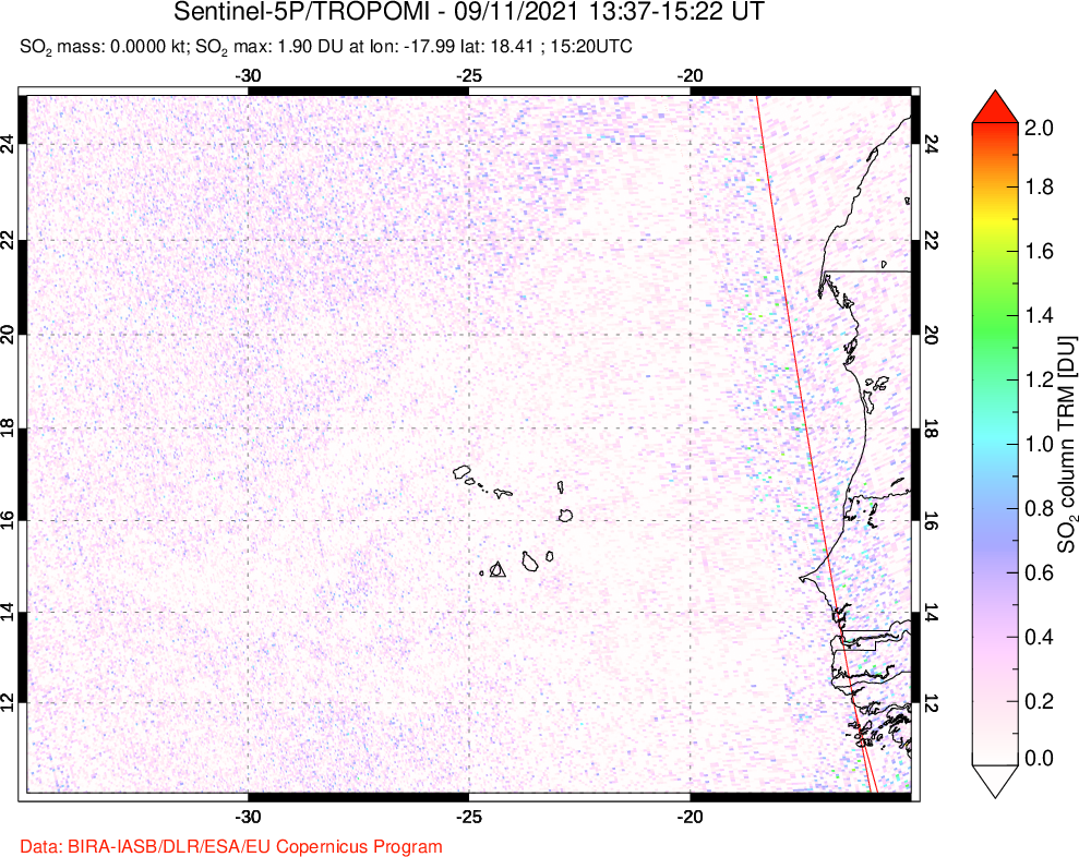 A sulfur dioxide image over Cape Verde Islands on Sep 11, 2021.