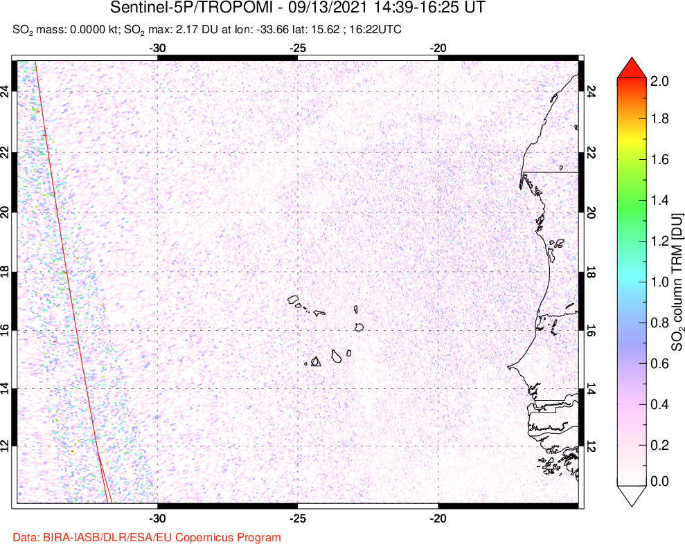 A sulfur dioxide image over Cape Verde Islands on Sep 13, 2021.