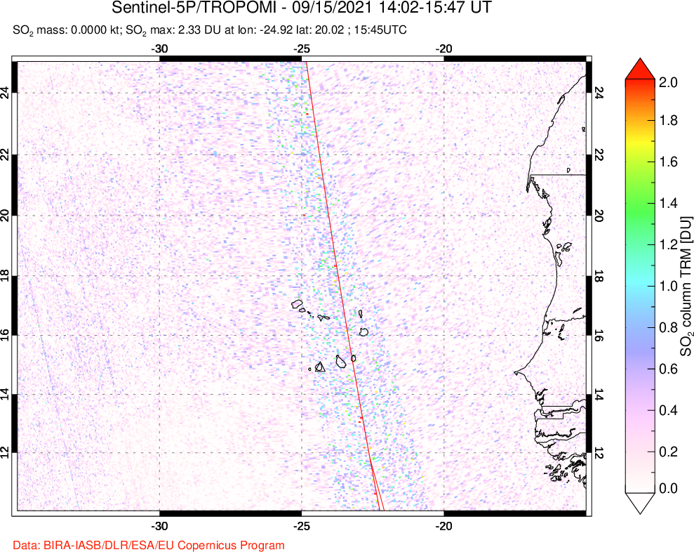 A sulfur dioxide image over Cape Verde Islands on Sep 15, 2021.