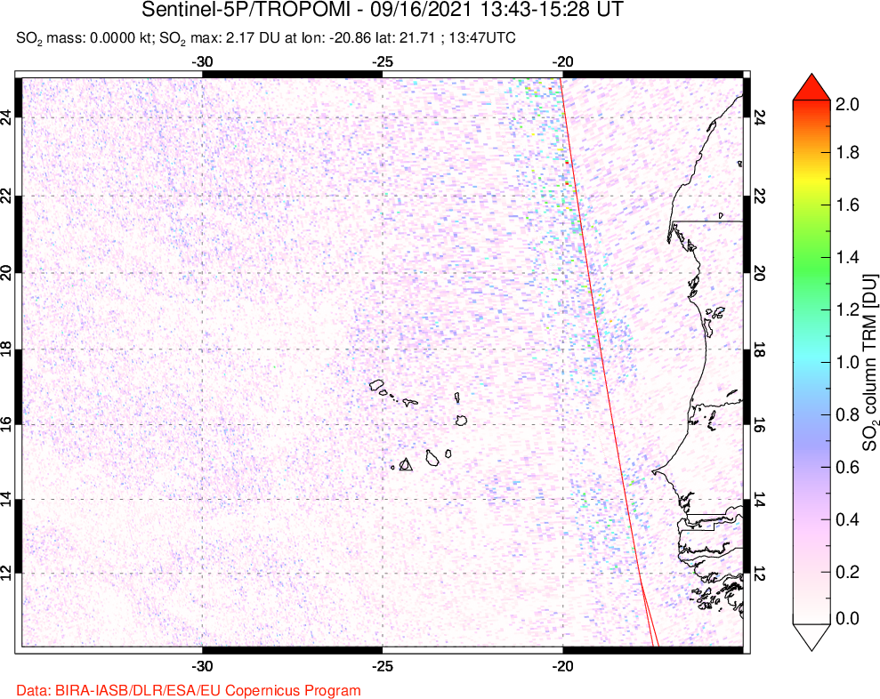 A sulfur dioxide image over Cape Verde Islands on Sep 16, 2021.