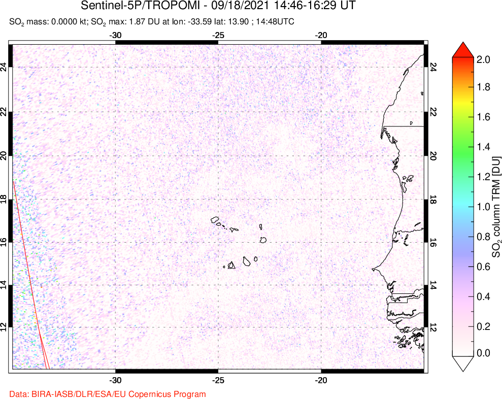 A sulfur dioxide image over Cape Verde Islands on Sep 18, 2021.