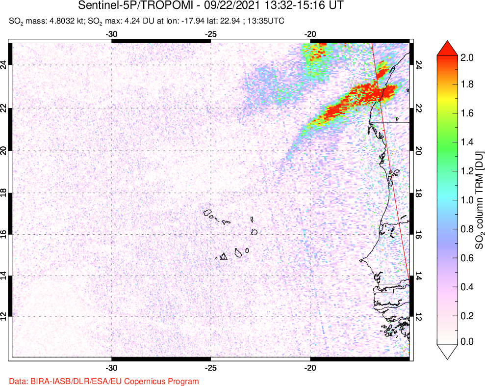 A sulfur dioxide image over Cape Verde Islands on Sep 22, 2021.