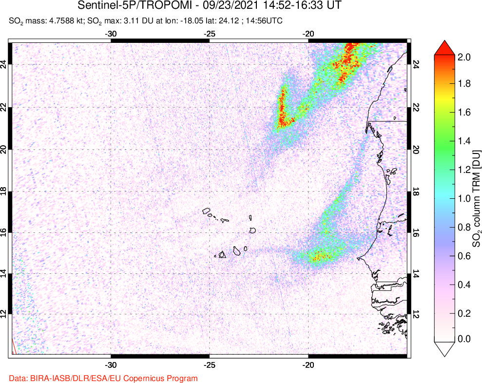 A sulfur dioxide image over Cape Verde Islands on Sep 23, 2021.