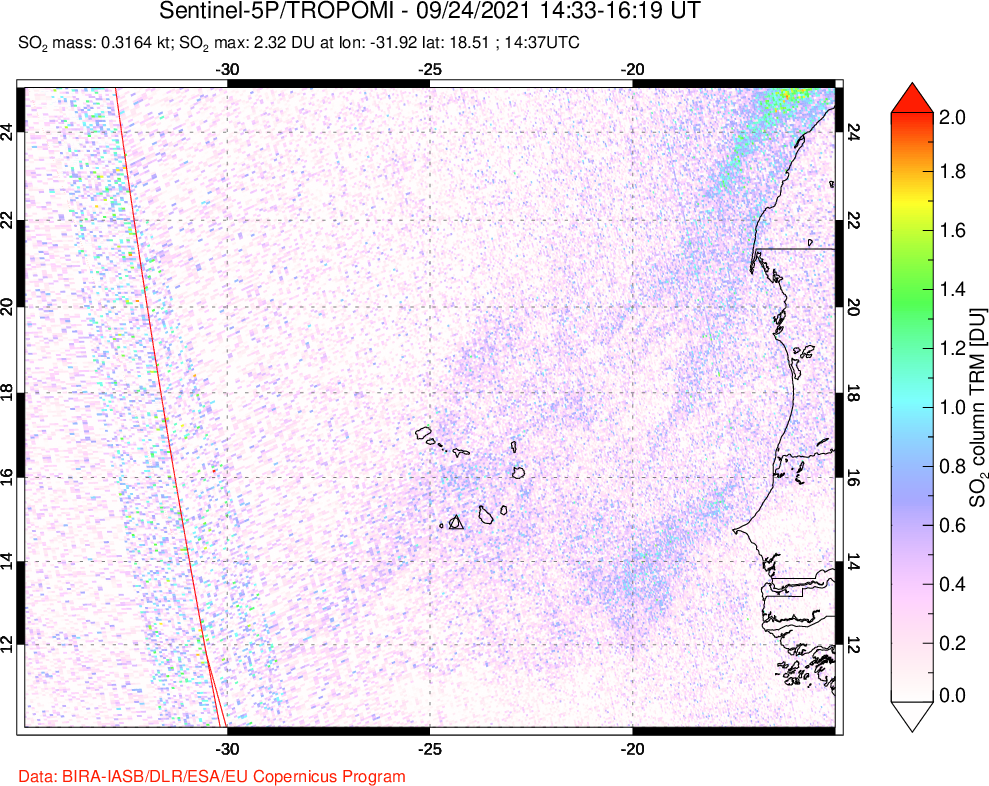 A sulfur dioxide image over Cape Verde Islands on Sep 24, 2021.