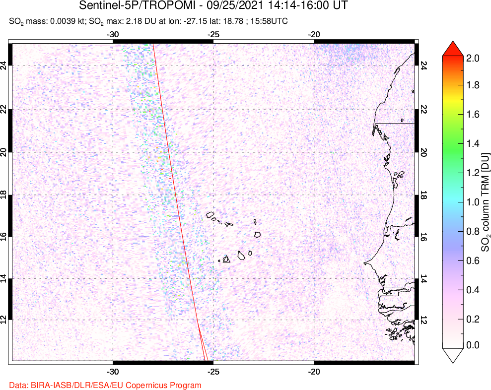A sulfur dioxide image over Cape Verde Islands on Sep 25, 2021.