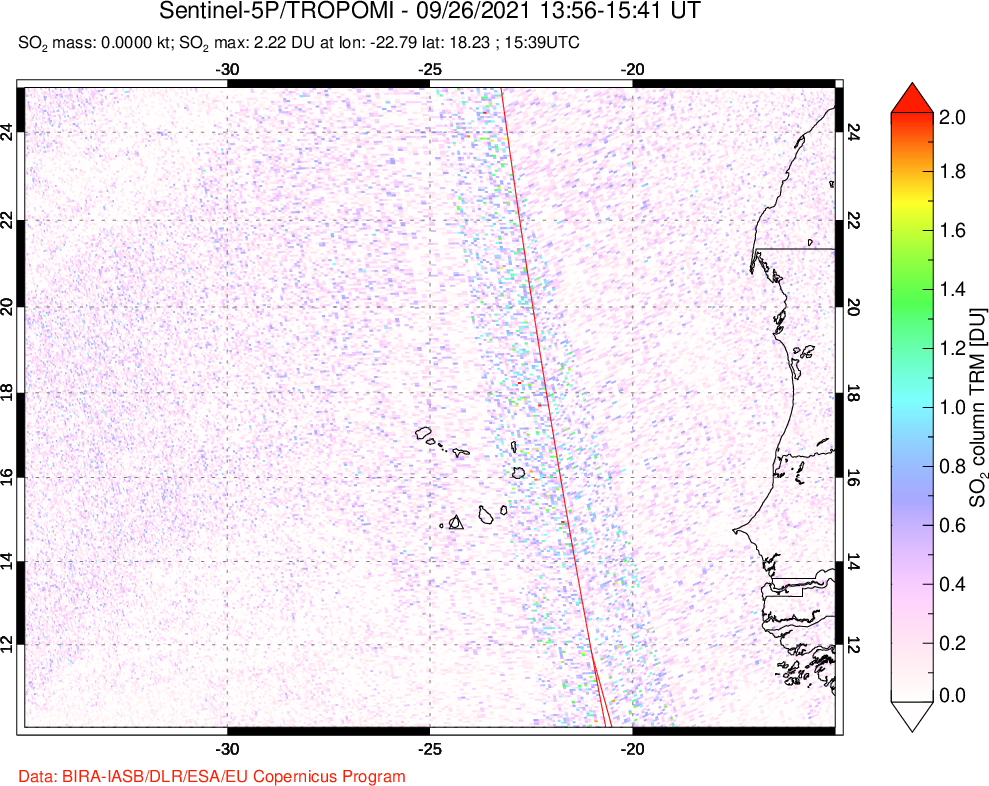 A sulfur dioxide image over Cape Verde Islands on Sep 26, 2021.