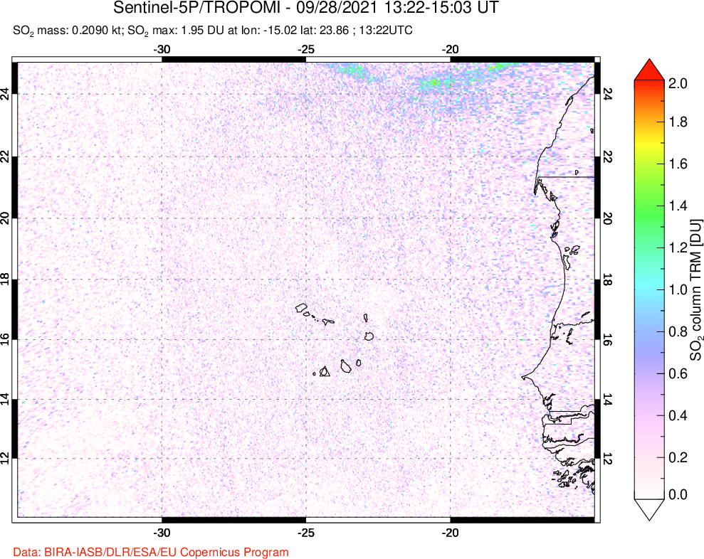 A sulfur dioxide image over Cape Verde Islands on Sep 28, 2021.