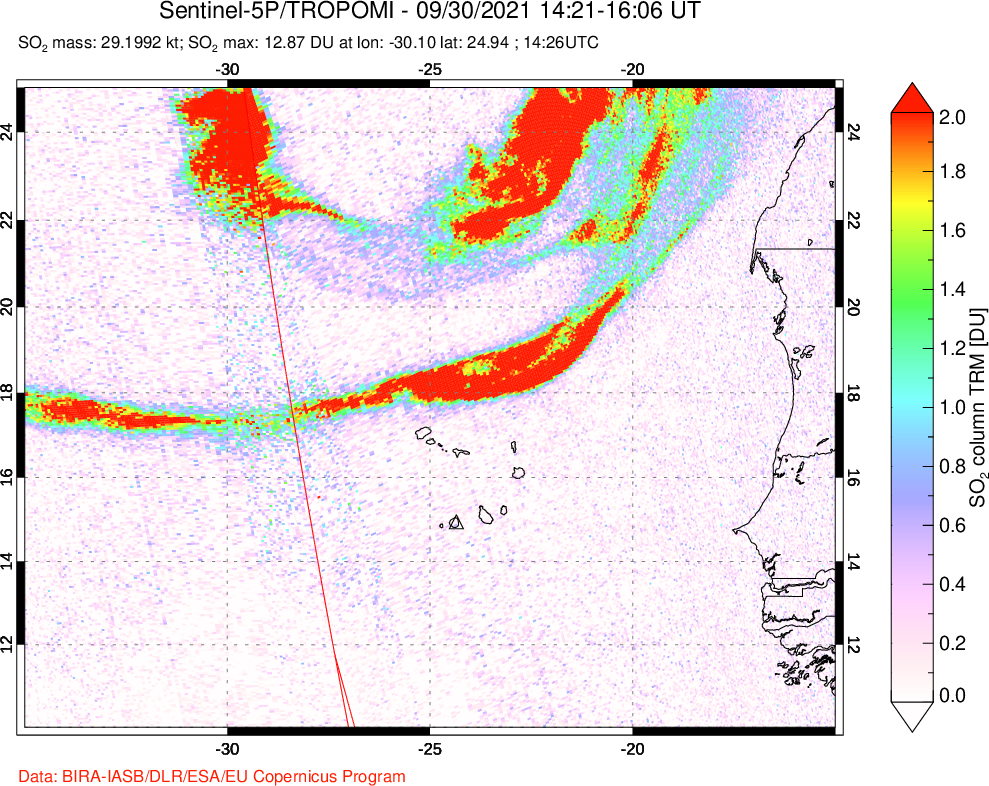 A sulfur dioxide image over Cape Verde Islands on Sep 30, 2021.