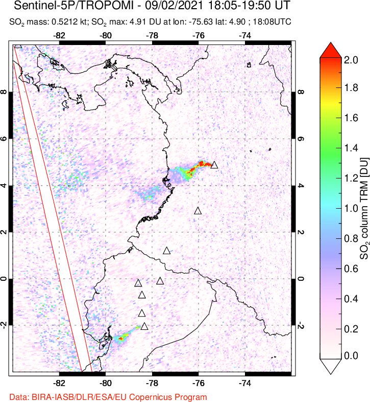 A sulfur dioxide image over Ecuador on Sep 02, 2021.