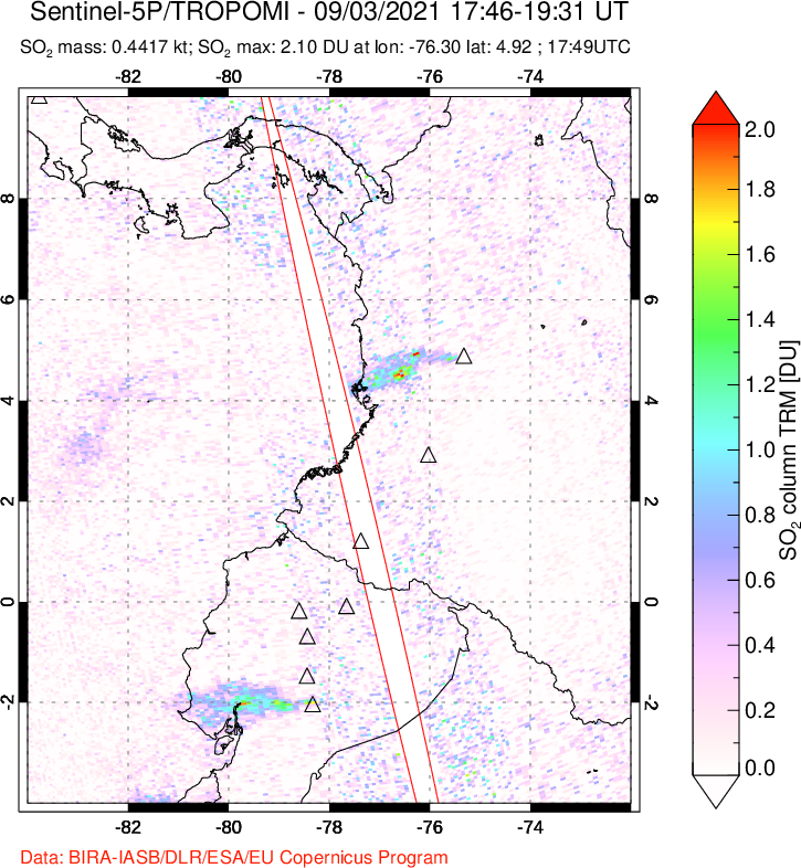 A sulfur dioxide image over Ecuador on Sep 03, 2021.