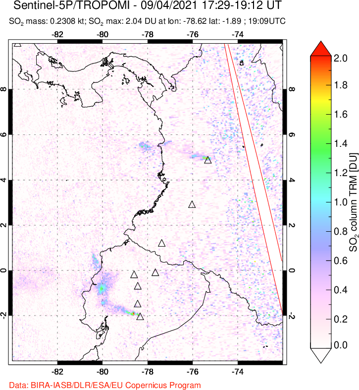 A sulfur dioxide image over Ecuador on Sep 04, 2021.
