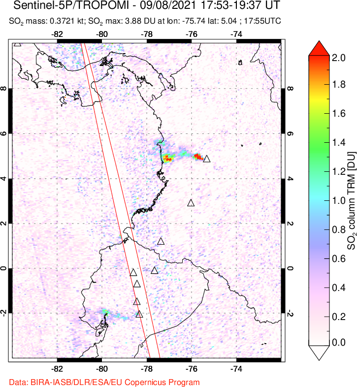 A sulfur dioxide image over Ecuador on Sep 08, 2021.