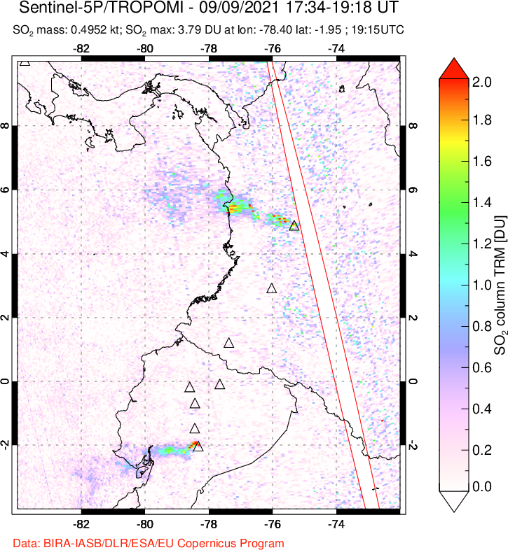 A sulfur dioxide image over Ecuador on Sep 09, 2021.