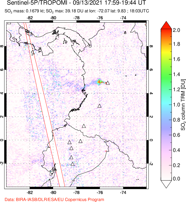A sulfur dioxide image over Ecuador on Sep 13, 2021.