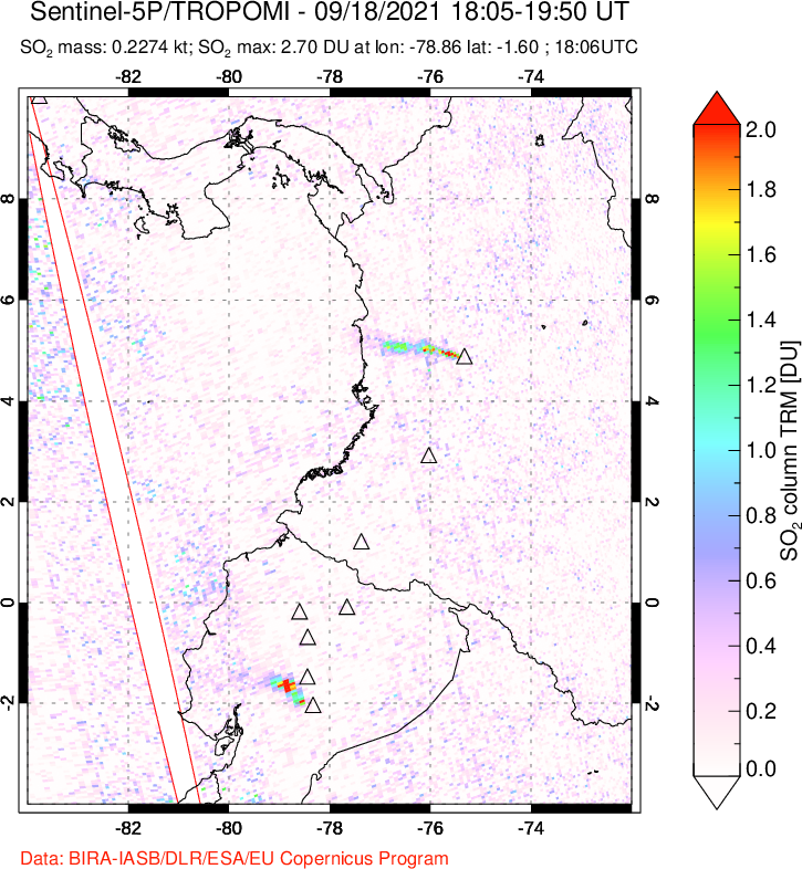 A sulfur dioxide image over Ecuador on Sep 18, 2021.